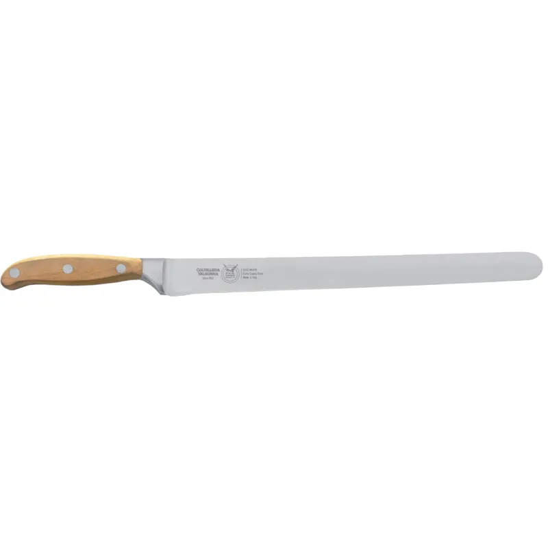 Coltello Salumi Forgiato cm 32, in acciaio W.Nr.1.4116 nella cucina professionale per il taglio manuale dei salumi ma anche nella preparazione di dolci, colore manico Frassino Coltelleria Valgobbia Prezzo Ridotto