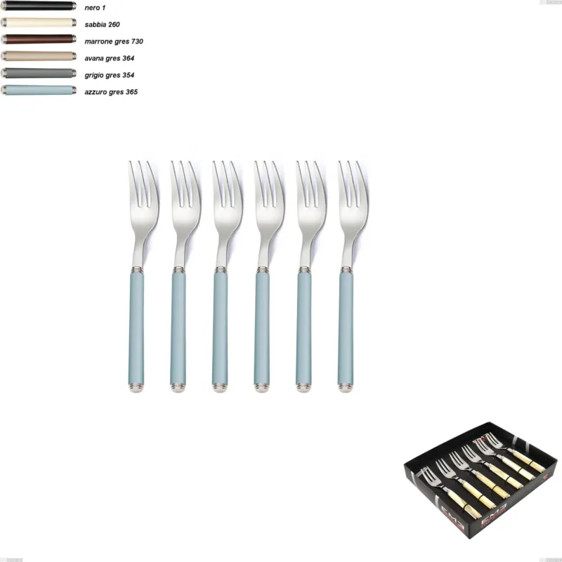 Nuova Collezione Confezione vetrina 6 pezzi forchette dolce linea gres, acciaio 18/10 aisi 304 manici in acrilico Eme Posaterie grigio gres 354