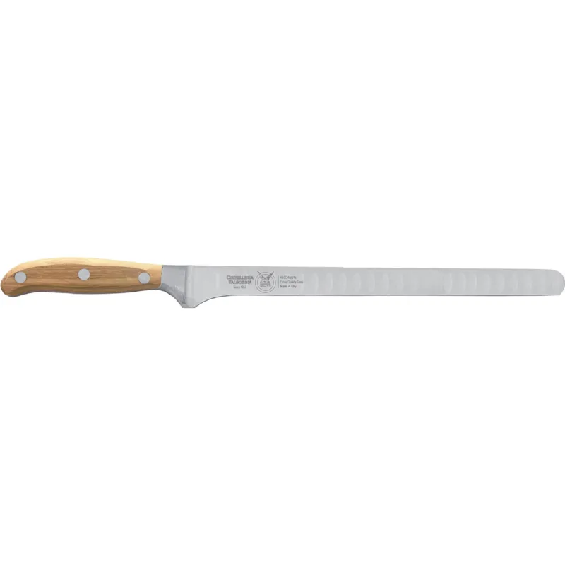 Promo Stagionale Coltello salmone Flessibile lama forgiata e alveolata che permette il passaggio dell‘aria cm 26 in acciaio W.Nr.1.4116 , Manico in essenza legno di Frassino Coltelleria Valgobbia