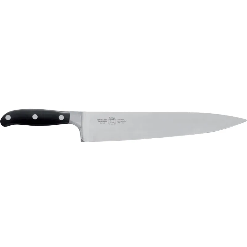 Promozione Coltello Trinciante da cuoco lama forgiata i strumento base in cucina per tagliare, n acciaio W.Nr.1.4116 cm 31 , Forgiato manico nero , Manico in Resina Acetalica e rivetti inox Coltelleria Valgobbia