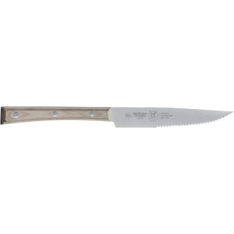 Ultime Pezzi Coltello bistecca stretto con lama seghettata cm 13, colore nocciola, manico in paperstone perfetto per carni e bistecche di spessore Coltelleria Valgobbia