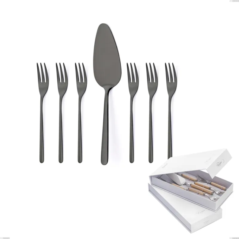 Prezzo Di Fabbrica Confezione a libro 7 pezzi, forchettine più paletta dolce Venice Gun Metal, Acciaio Inox 18-10 trattamento pvd canna di fucile, spessore 4 mm Eme Posaterie