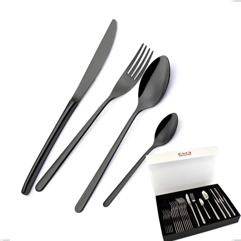 Confezione panoramica a libro 24 pezzi Venice Gun Metal, Acciaio Inox 18-10 trattamento pvd canna di fucile, spessore 4 mm Eme Posaterie Ultima Occasione