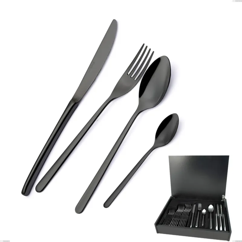 Prezzo Ridotto Servizio di posate 24 pezzi in astuccio di legno Venice Gun Metal, Acciaio Inox 18-10 trattamento pvd canna di fucile, spessore 4 mm Eme Posaterie