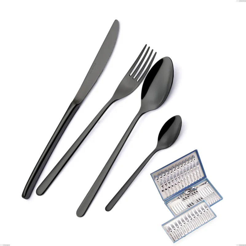 Spedito Oggi Servizio di posate 75 pezzi in astuccio regalo Venice Gun Metal, Acciaio Inox 18-10 trattamento pvd canna di fucile, spessore 4 mm Eme Posaterie