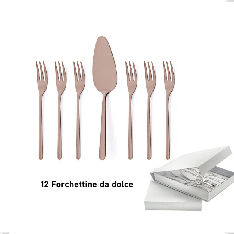 Confezione a libro 13 pezzi, forchettine più paletta dolce Venice Copper Bronze, Acciaio Inox 18-10 trattamento pvd bronzo, spessore 4 mm Eme Posaterie Professionale