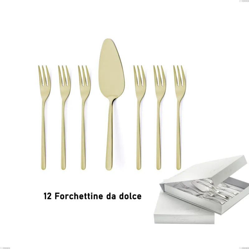 Confezione a libro 13 pezzi, forchettine più paletta dolce Venice Tin Gold, Acciaio Inox 18-10 trattamento pvd oro, spessore 4 mm Eme Posaterie Super Prezzo