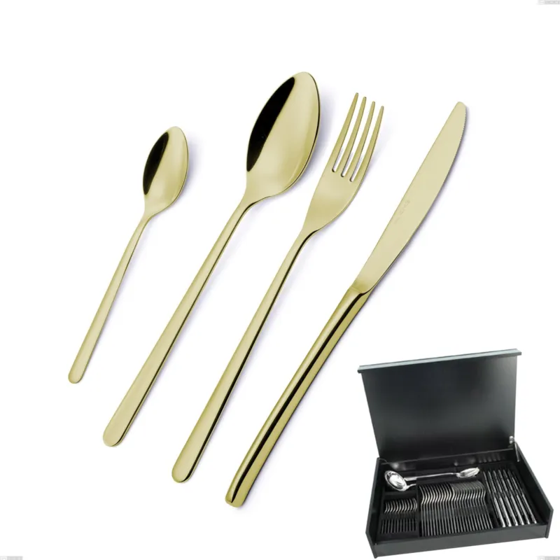 Servizio di posate 51 pezzi in astuccio di legno Venice Tin Gold, Acciaio Inox 18-10 trattamento pvd oro, spessore 4 mm Eme Posaterie Compra Oggi Stesso