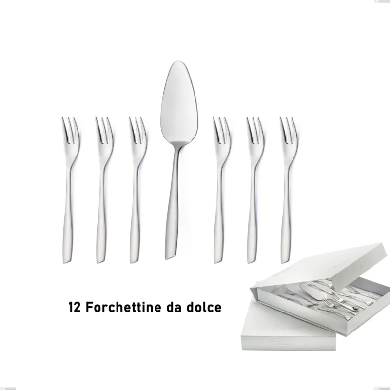 Confezione a libro 13 pezzi, forchettine più paletta dolce Eleven Sabbiato, Acciaio 18-10 Sabbiato Eme Posaterie Ultime Pezzi