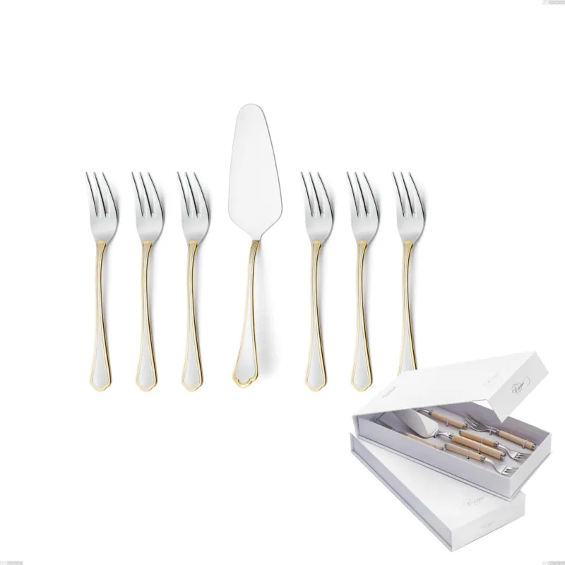 Confezione a libro 7 pezzi, forchettine più paletta dolce Domus Oro, acciaio 18-10, oro 24 carati lucido, spessore 3 mm Eme Posaterie Compra Adesso