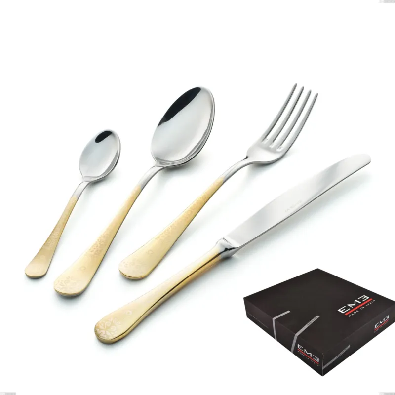 Set di posate 75 pezzi Hermitage oro in confezione regalo, acciaio 18-10, oro 24 carati lucido, spessore 2.5 mm Eme Posaterie Compra Online