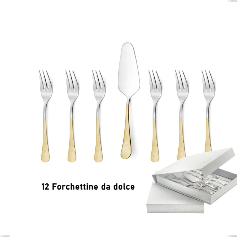 Confezione a libro 13 pezzi, forchettine più paletta dolce Hermitage oro, acciaio 18-10, oro 24 carati lucido, spessore 2.5 mm Eme Posaterie Popolare