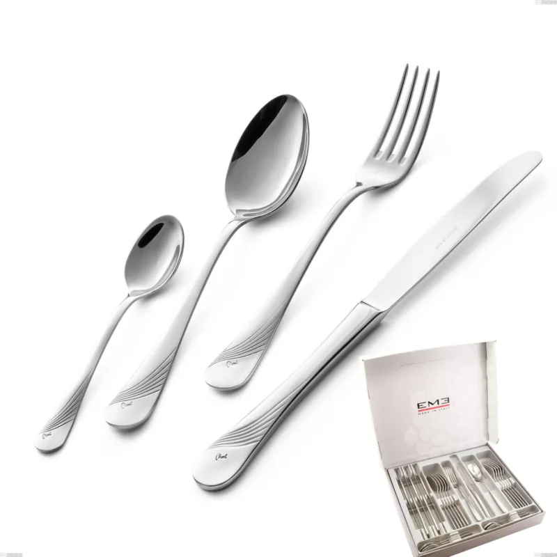 Cofanetto 24 pezzi Milano Inciso , 18/10 (AISI304) acciaio inox Lucido , spessore 2,5 mm Eme Posaterie Vendita Finale