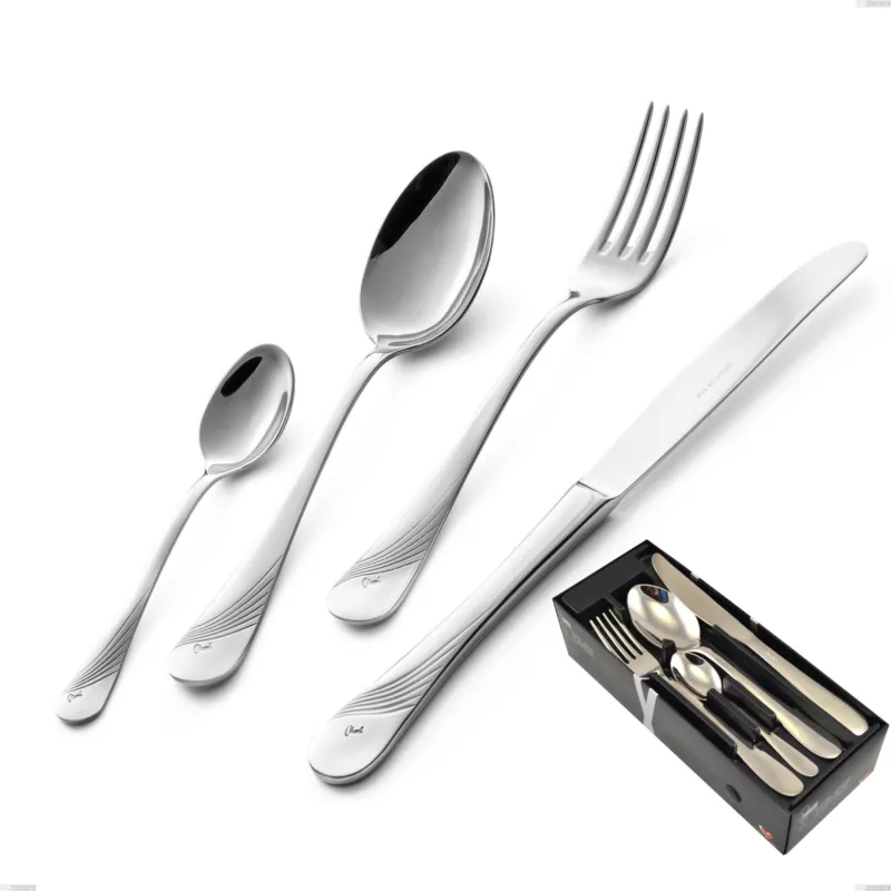 Consegna Rapida Confezione salvaspazio 24 pezzi Milano Inciso , 18/10 (AISI304) acciaio inox Lucido , spessore 2,5 mm Eme Posaterie
