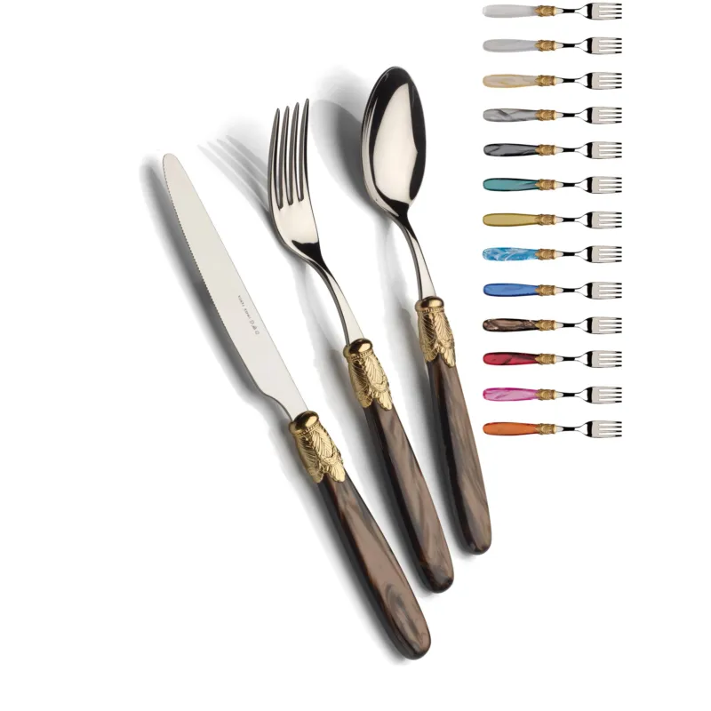 ISCHIA ORO ANTICATO E ACCIAIO, 6 posti tavola, Servizio posate 24 pezzi in acciaio inox 18/10 lucido spessore 2,5 mm Manico in acrilico madreperlato con ghiera in metallo effetto antichizzato lavabile in lavastoviglie Domus e Design Trasparente Compra Online