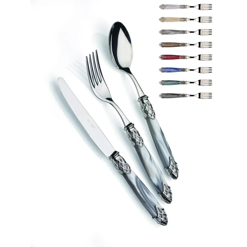 DUBAI LUCIDO, 6 posti tavola, Servizio posate 24 pezzi in acciaio inox 18/10 lucido spessore 2,5 mm Manico in acrilico madreperlato con ghiera in metallo effetto lucido lavabile in lavastoviglie Domus e Design bianco perlato Soddisfatti O Rimborsati
