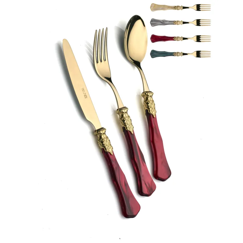 GINEVRA TUTTO ORO, 6 posti tavola, Servizio posate 24 pezzi in acciaio inox 18/10 lucido spessore 2,5 mm Manico acrilico madreperlato con ghiera in metallo effetto antichizzata lavabile in lavastoviglie Domus e Design bordeaux perlato Più Venduto