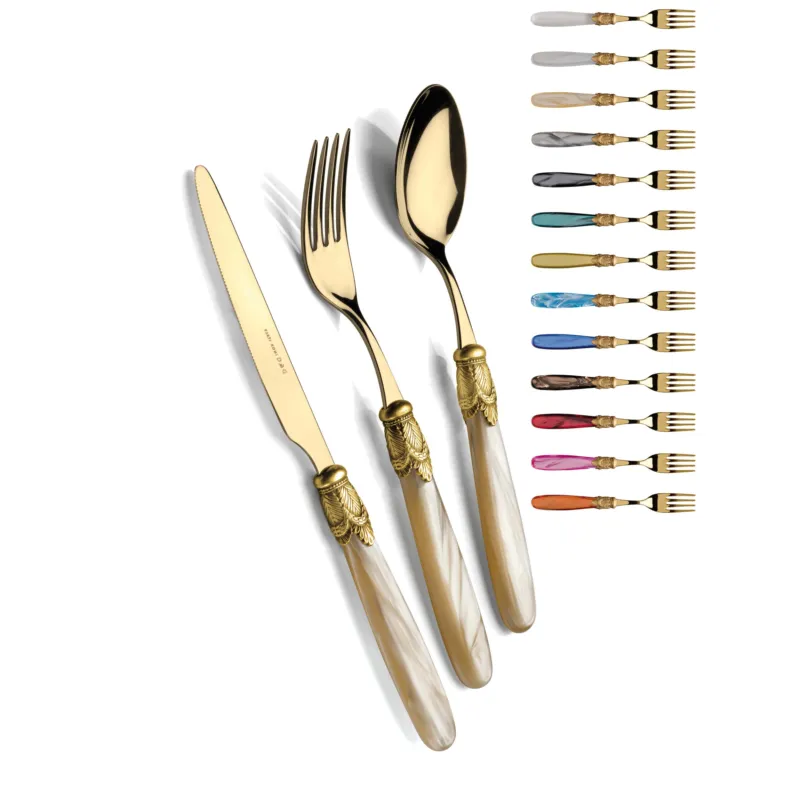ISCHIA ORO ANTICATO e Oro 6 posti tavola, Servizio posate 24 pezzi in acciaio inox 18/10 lucido spessore 2,5 manico in acrilico madreperlato con ghiera in ORO effetto antichizzato lavabile in lavastoviglie Domus e Design Trasparente Prezzo Di Fabbrica