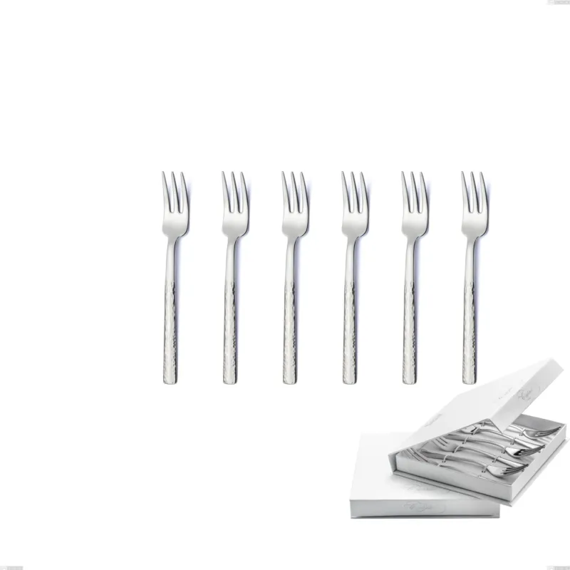 Confezione a libro 6 pezzi forchette dolce Marte, Acciaio inox 18/10 (AISI304), Lavorazione martellata spessore 2.5 mm Eme Posaterie Più Venduto