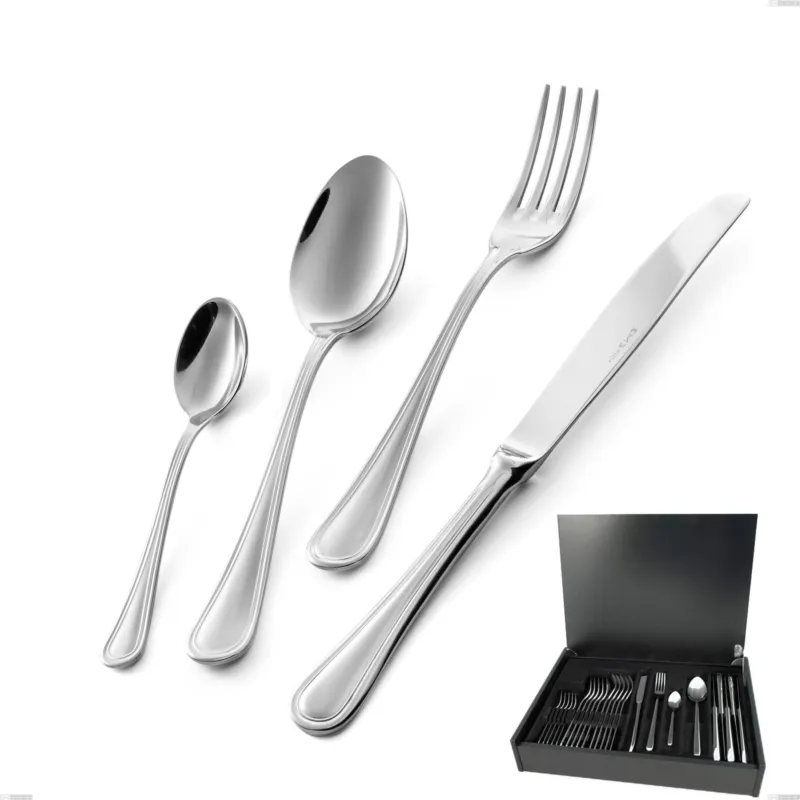 Servizio di posate 24 pezzi in astuccio di legno coltello economico Impero, ACCIAIO INOX 18.10(AISI304), spessore 2.5 MM Eme Posaterie Ultime Pezzi