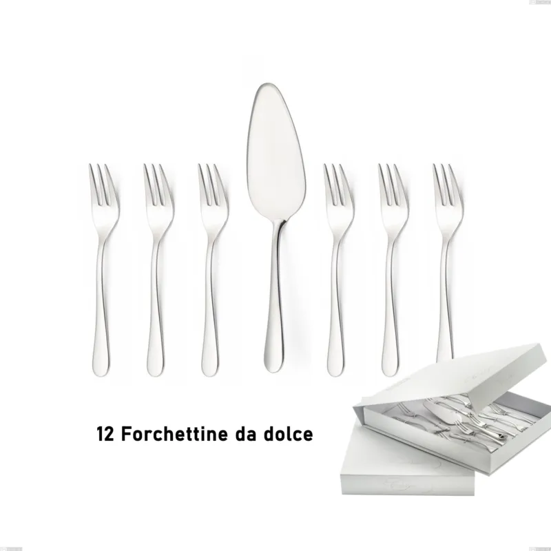 Confezione a libro 13 pezzi, forchettine più paletta dolce Beta, 18.10 (AISI304), spessore 4mm, finitura inox lucido a specchio Eme Posaterie Popolare