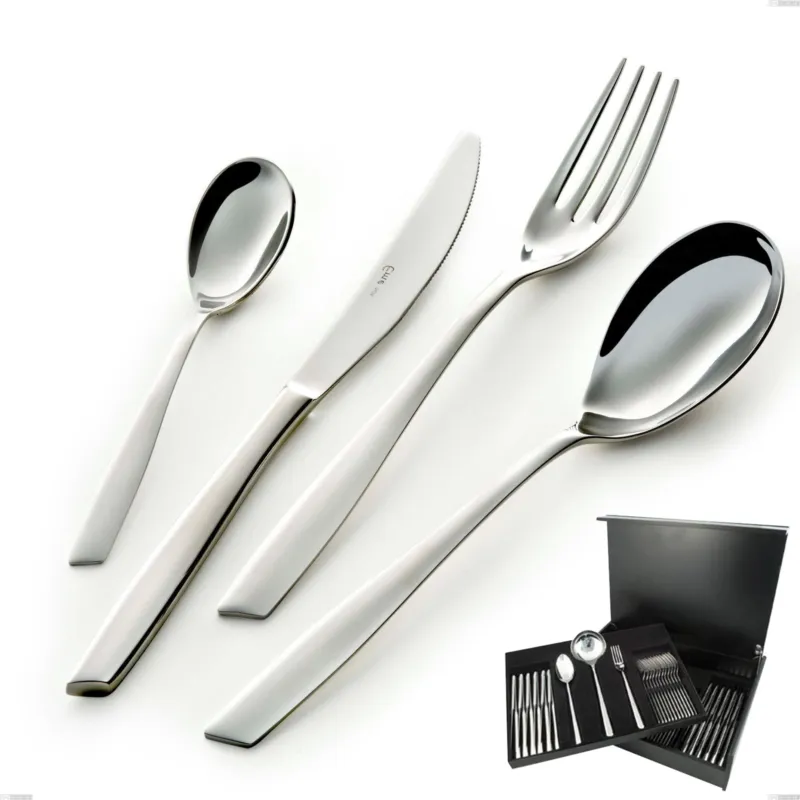 Servizio di posate 75 pezzi in astuccio di legno Eleven, (acciaio 18.10 aisi304), spessore 2.5 mm finitura lucido a specchio Eme Posaterie Di Tendenza