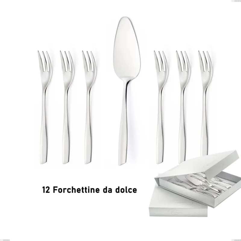 Offerta Lampo Confezione a libro 13 pezzi, forchettine più paletta dolce Eleven, (acciaio 18.10 aisi304), spessore 2.5 mm finitura lucido a specchio Eme Posaterie