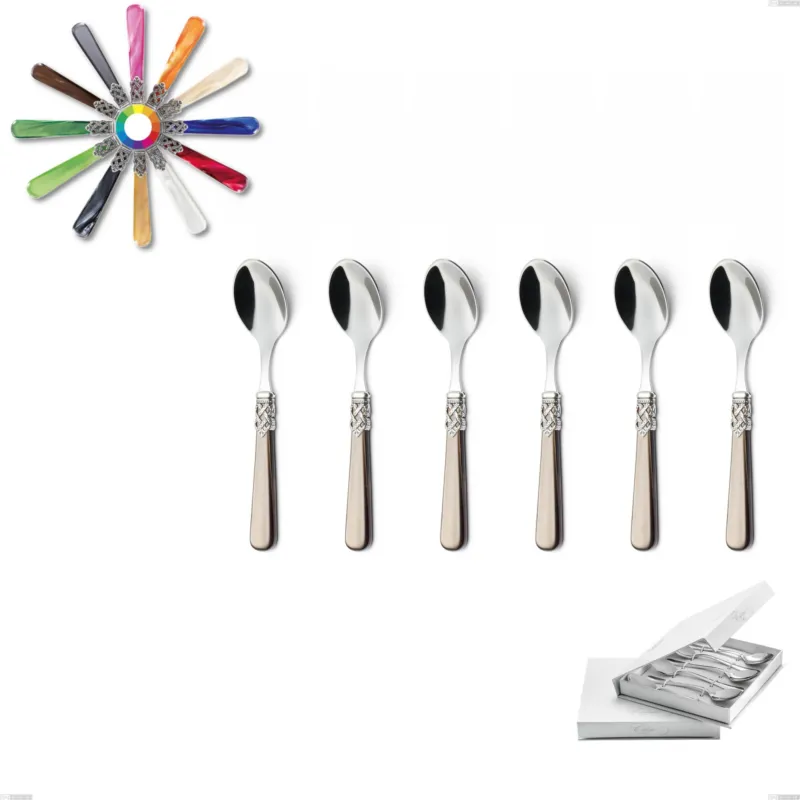 Scatola regalo 6 pezzi cucchiaino caffè Ginevra, (acciaio 18.10 aisi304), manico in metacrilato Eme Posaterie marrone perlato 1124 Promozione Esclusiva