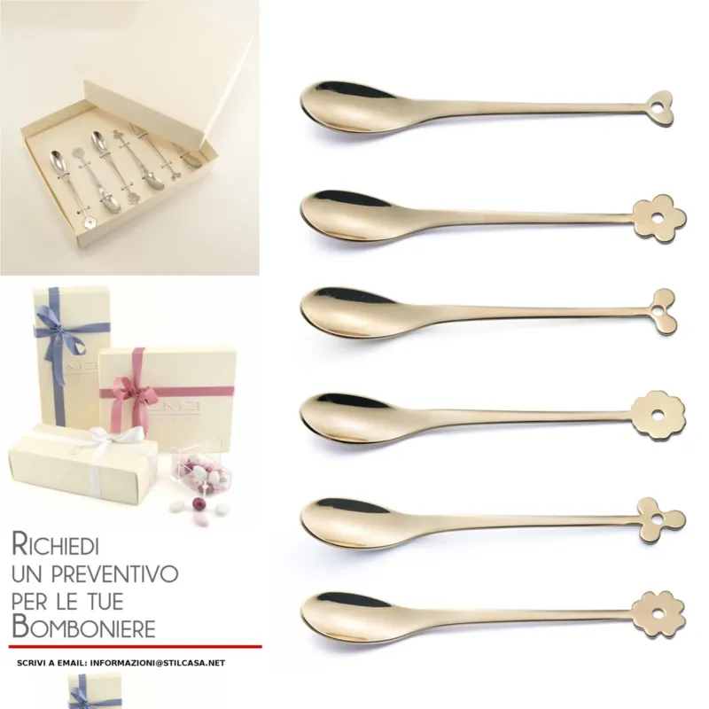 Nuovo Arrivo Cucchiaini Cappuccino e macedonia CADEAU in acciaio 18.10 AISI430 126 mm set 6 pezzi ROSE‘ lucido in confezione bomboniera Eme Posaterie