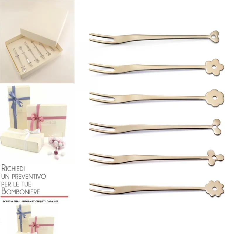 Forchettine Party Cadeau rosè 127 mm 6 pezzi assortiti finitura Oro Lucido in confezione bomboniera Eme Posaterie Saldi