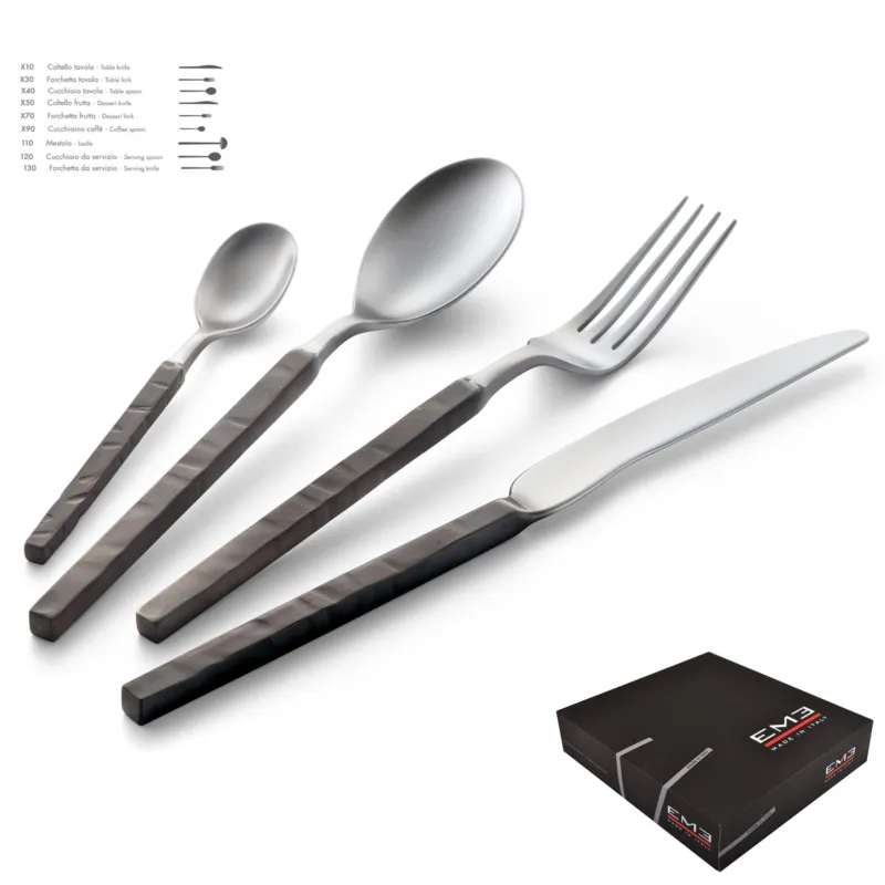 Reso Gratuito Servizio Posate ZEUS FIRE 75 pezzi 12 posti tavola acciaio inox 18.10 AISI304 manicatura confezione regalo Eme Posaterie