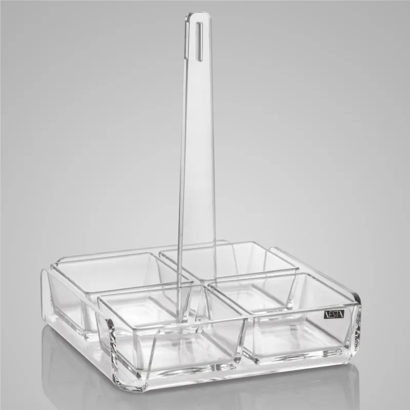 Antipastiera quadrata 4 scomparti bianco monosatinato, dimensioni 18x18xH23 cm, spessore 5 mm ideale per servire aperitivi e stuzzichini colore trasparente Vesta Quantità Limitata