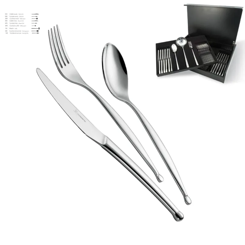 Economico Servizio Posate 75 Pezzi 12 posti tavola PUNTO 3 mm in acciaio inox 18/10 lucidato a specchio in astuccio di legno Eme Posaterie