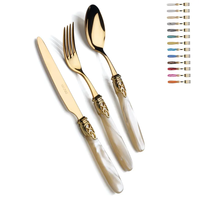 Set Posate 4 pezzi 1 posto tavola posate Gioiello Tutto Oro in acciaio 18/10 manico acrilico madreperlato con ghiera dorata finitura Oro Domus e Design Trasparente Ordina Subito