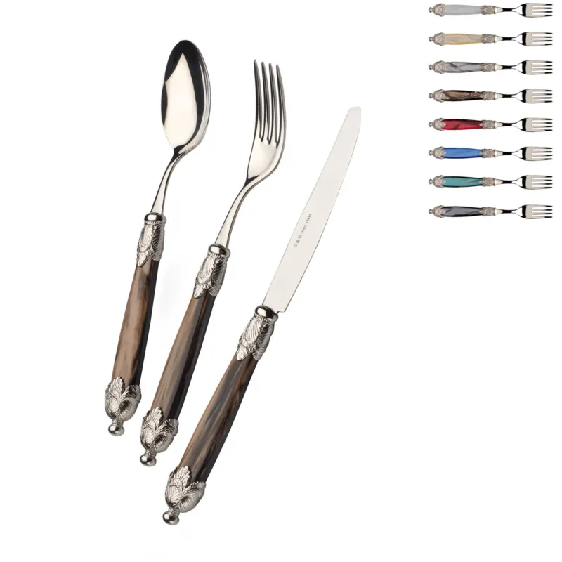 Set Posate Colorate Set 4 pezzi 1 posto tavola posate Siena in acciaio 18/10 manico acrilico madreperlato doppia ghiera anticata finitura Argento Domus e Design bianco perlato Consegna Rapida