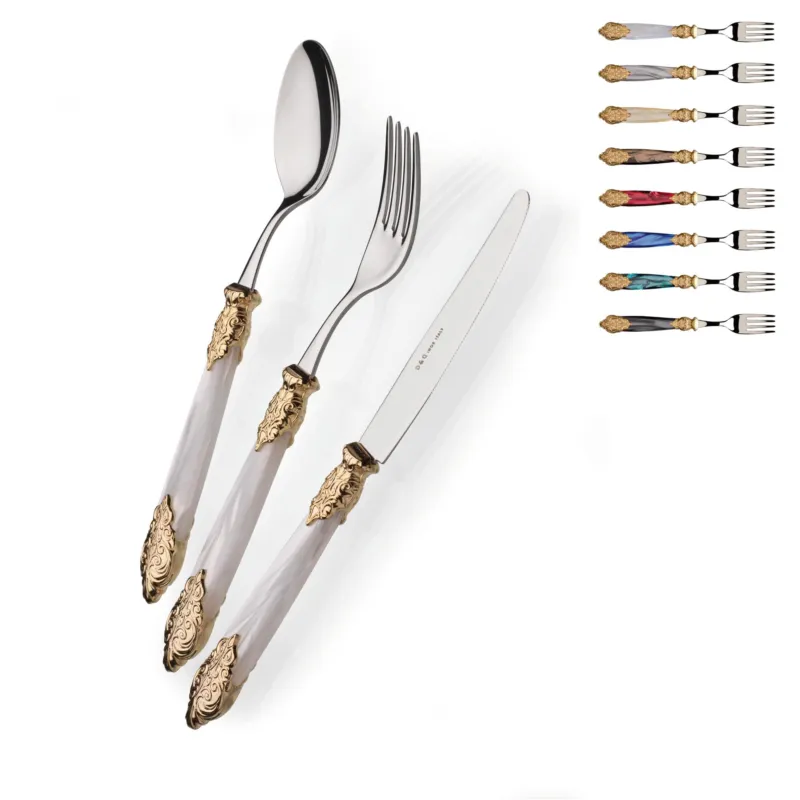 Servizio Posate Colorate Set 24 pezzi 6 posti tavola Versailles Oro in acciaio 18/10 manico acrilico madreperlato doppia ghiera dorata Domus e Design bianco perlato Reso Gratuito