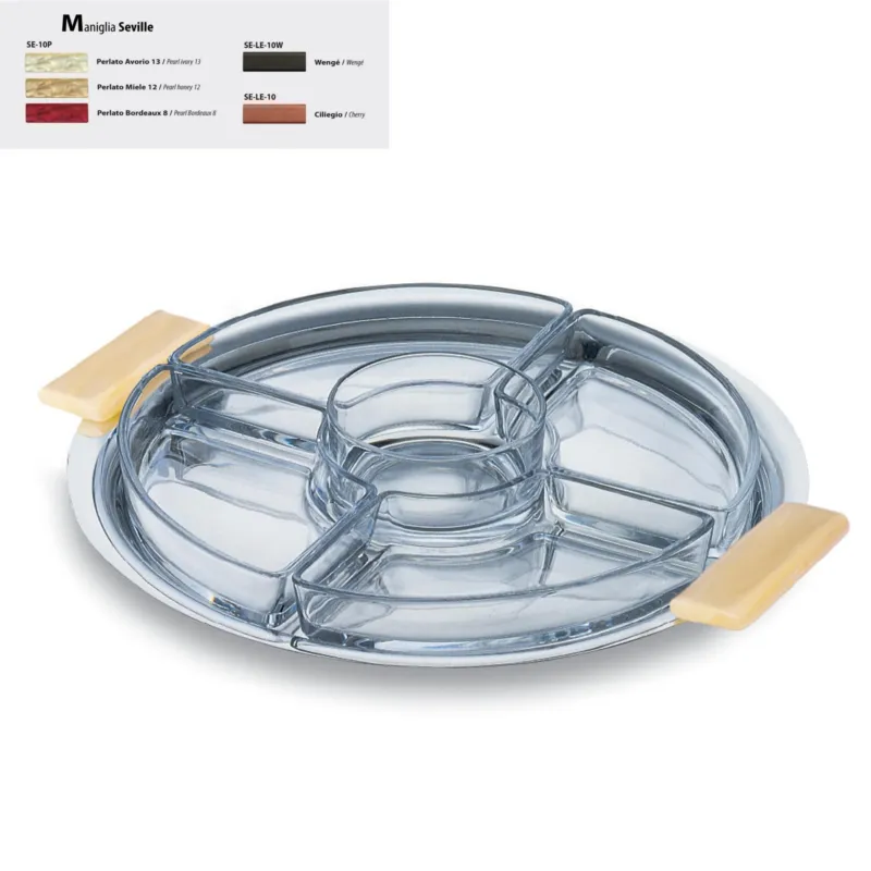 Antipastiera tonda con cristalli 5 scomparti Seville Ø 35 cm con manici colorati Eme Posaterie Avorio Perlato 13 EME Offerta