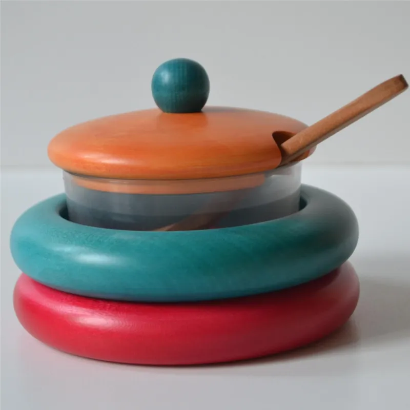 Compra Oggi Stesso Zuccheriera in legno massello Ø 13xh 10 cm in legno massello di tiglio , interno in vetro combinazione Rosso azzurro arancio Manzoni Pietro