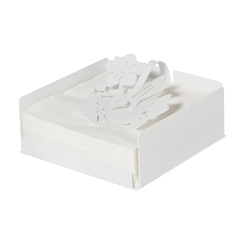 Promo Stagionale Porta tovaglioli basso floreale Fior di Loto in metallo, 17x17px12h, colore Bianco Marmo Arti e Mestieri