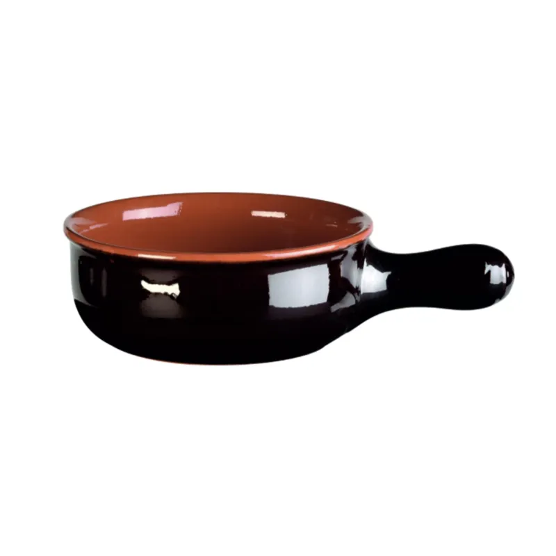 Casseruola un manico in Terracotta Smaltata Ø12xh4,6 cm - lt 0,3 peso 0,3 kg No Piombo no Cadmio linea Terra Colore marrone Vulcania Ceramiche Spedito Oggi
