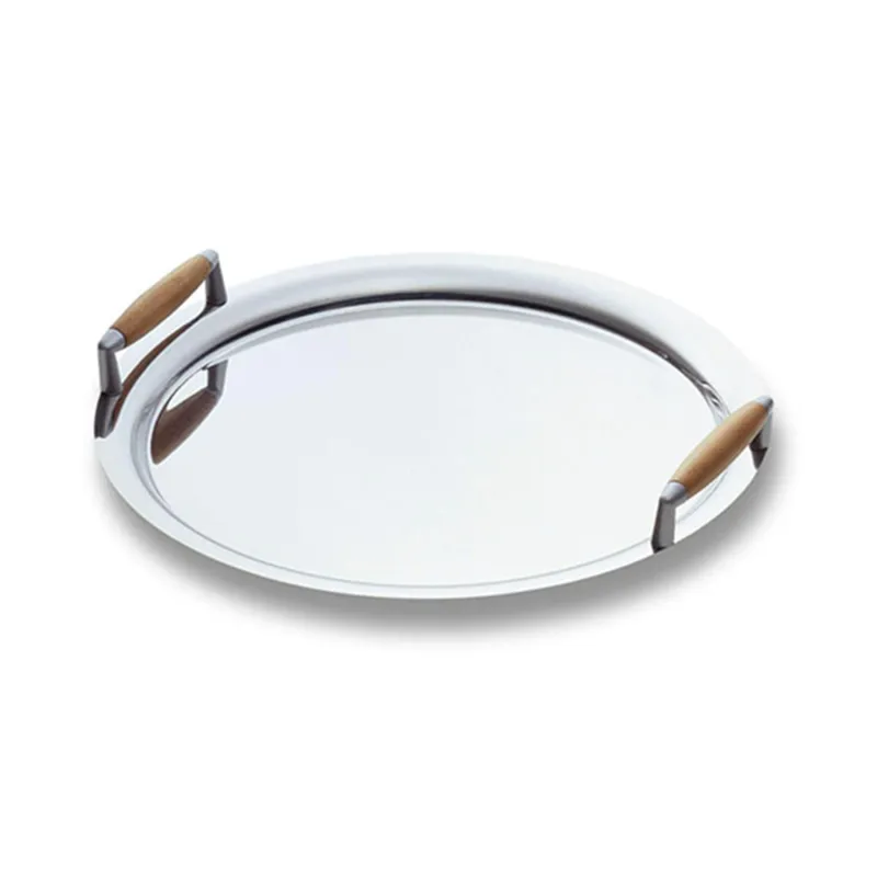 Offerta Lampo Vassoio Rotondo acciaio inox 18/10 Apollo diametro 30 cm con maniglie con inserto in legno Eme Posaterie
