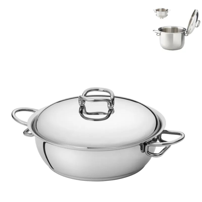 Casseruola Bassa, Tegame 2 manici Acciaio Triplo fondo KAREN Ø20xh6,7 cm - 1,8 Lt, design Tarcisio Zani coperchio escluso made in Italy Serafino Zani Nuovo Arrivo