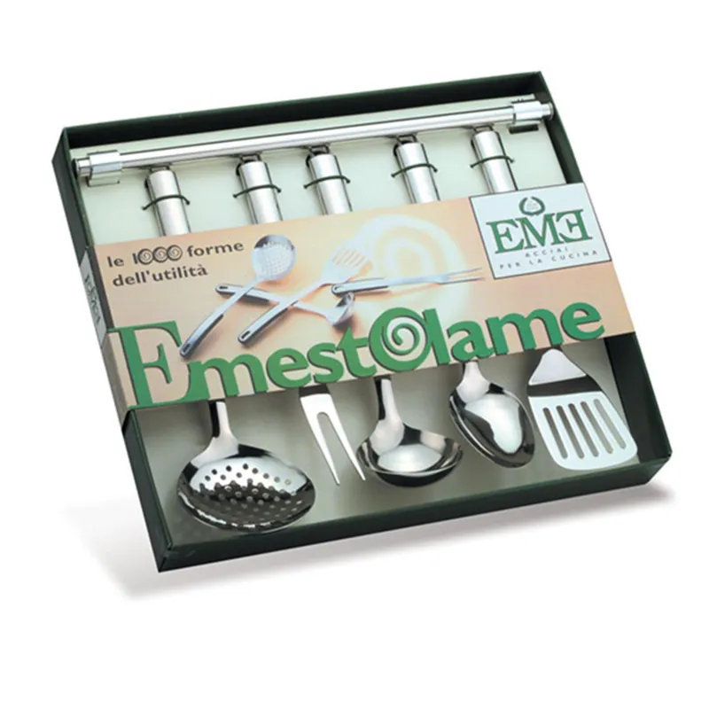 Confezione 5 utensili da cucina in acciaio 18/10 con appendimestoli da muro collezione Club Mestoli Eme Posaterie Miglior Prezzo