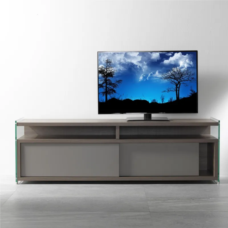 Compra Online Mobile Porta TV aperto in legno 140x39x48h cm colore Olmo Tranché fianchi in vetro trasparente Pezzani srl