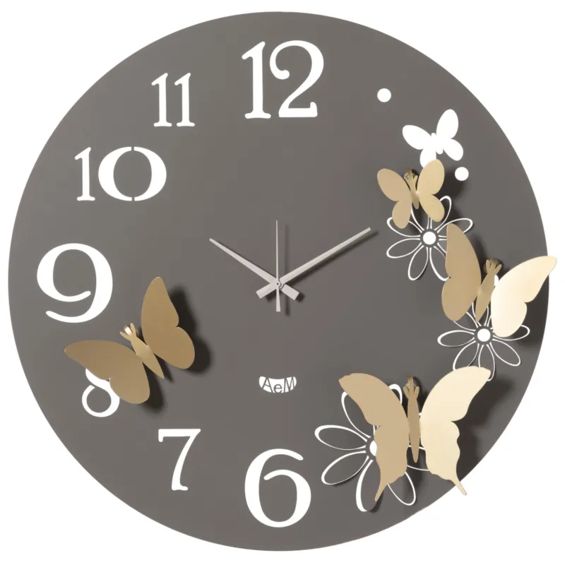 Orologio da parete fiori e farfalle BUTTERFLY FLOWERS Grande insieme a 4 farfalle con ali piegate fissate sulla base Diametro 60 cm colore Fango-oro Arti e Mestieri Promo Stagionale