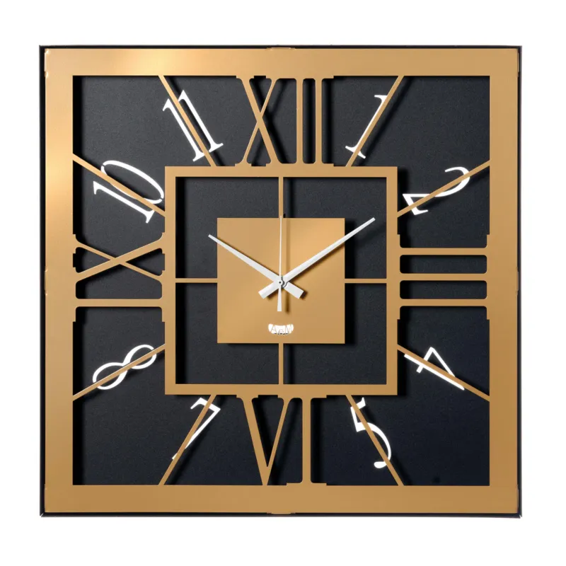 Orologio da parete dalla forma quadrata TAURO Dimensioni 50 x 50 cm quadrante di colore diverso lancette bianche colore Nero-Oro laccato Arti e Mestieri Soddisfatti O Rimborsati