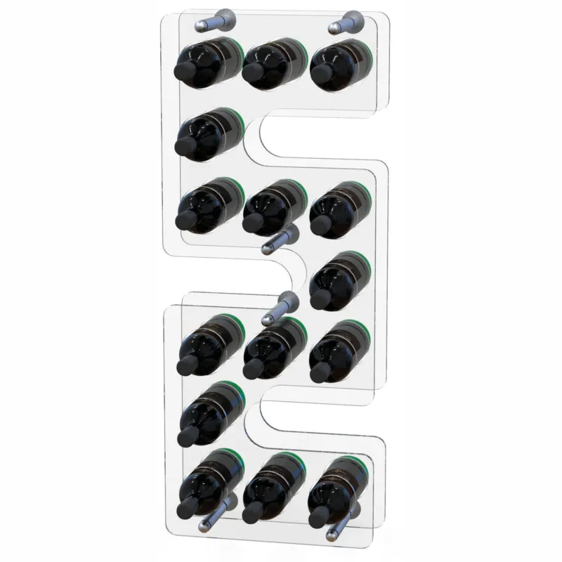 Ultimissimo Modello Espositore Porta bottiglia in Plexiglass da Parete WALL 2 Dimensioni 37x15 h 91 cm - spessore 8 mm capacità 15 bottiglie Max 8,2 cm in plexiglass trasparente Erreenne srl