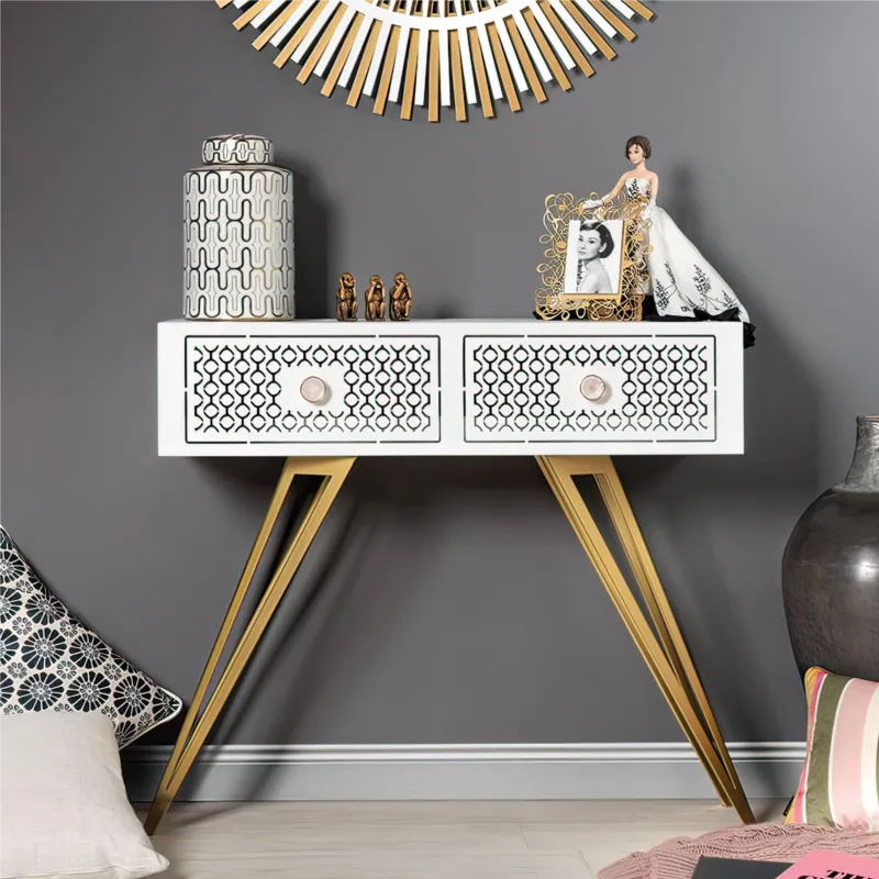 Solo Oggi Consolle MAYFAIR Grande In metallo tagliato al laser Dimensioni 100x 5 x h80 cm cm colore Bianco marmo/Oro trasparente Arti e Mestieri