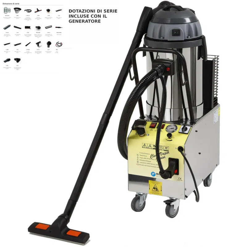 Generatore di vapore per la pulizia con aspirapolvere, Aspirali Liquidi JUNIOR e detergente Dimensioni 30x56x h100 cm ricarica caldaia Automatica Temperatura vapore caldaia 180°C Bieffe Srl Ordina Subito