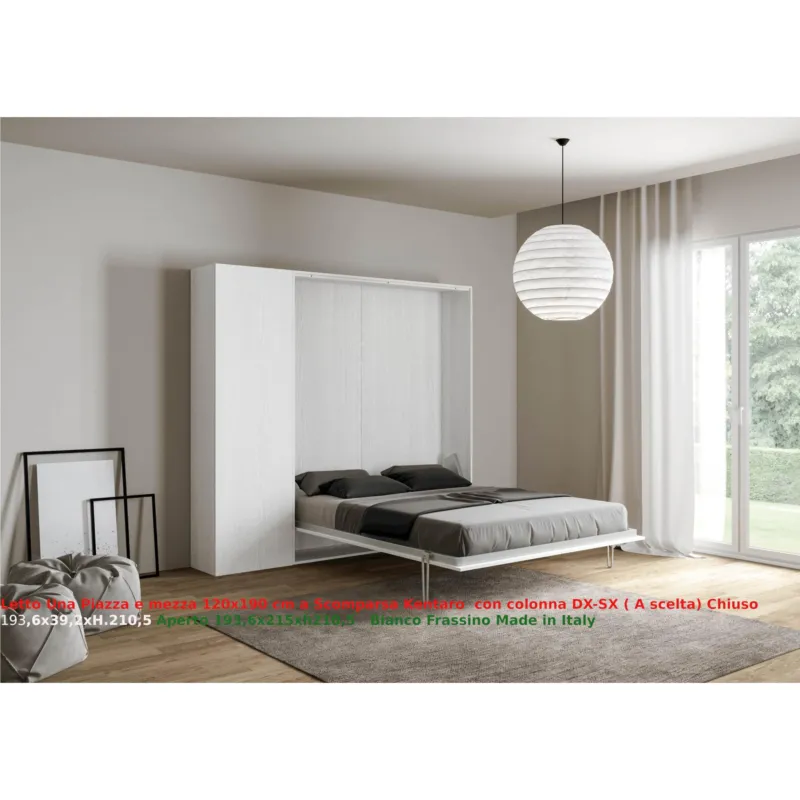 Reso Gratuito Letto a scomparsa Kentaro Una Piazza e Mezza con Colonna DX-SX Chiuso Occupa solo 39 cm di profondità, Dimensioni chiuso 193,6x39,2xh210,5 cm struttura in legno colore Bianco Frassino Itamoby